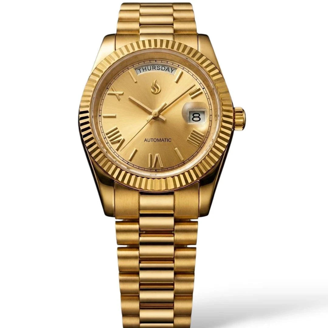 Modded Seiko Daydate watch with gold Roman numerals, day and date display, and sapphire crystal dial by Modtime Creations 