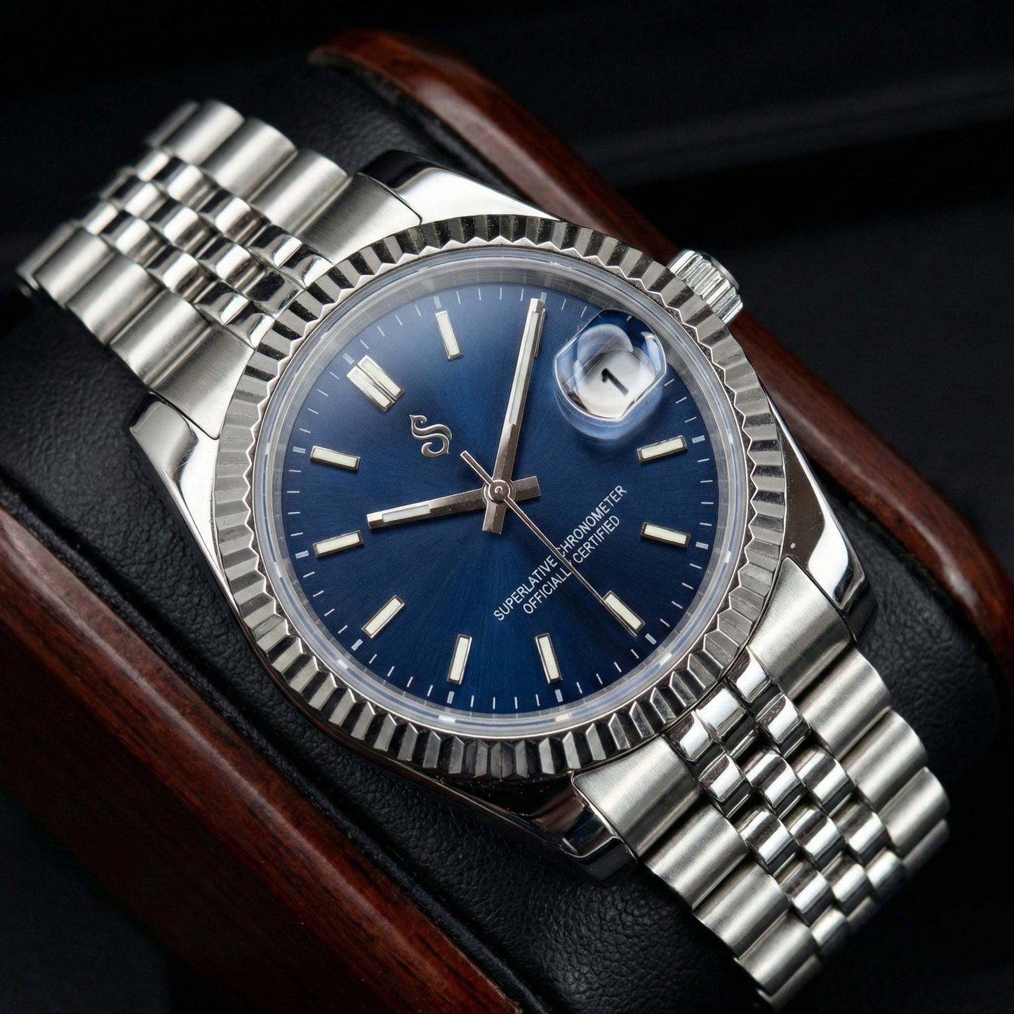 SeikJust silver blue dial Seiko mod watch with NH35 automatic movement and date window