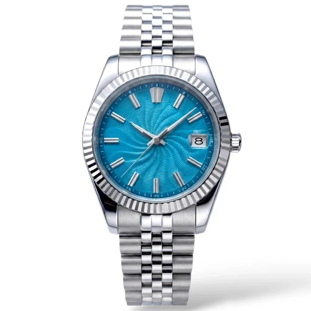 Seiko Mod Datejust stainless steel watch with a Tiffany Blue Guilloche dial, silver-tone fluted bezel, and matching steel link bracelet on a white background by Modtime Creations 
