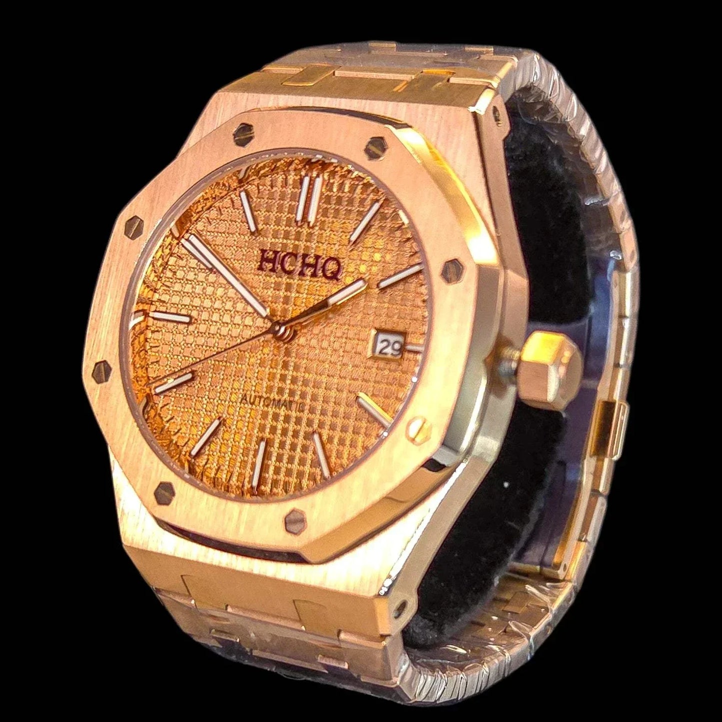 Seiko Mod Royal Oak Rose Gold custom watch with black dial and sapphire crystal