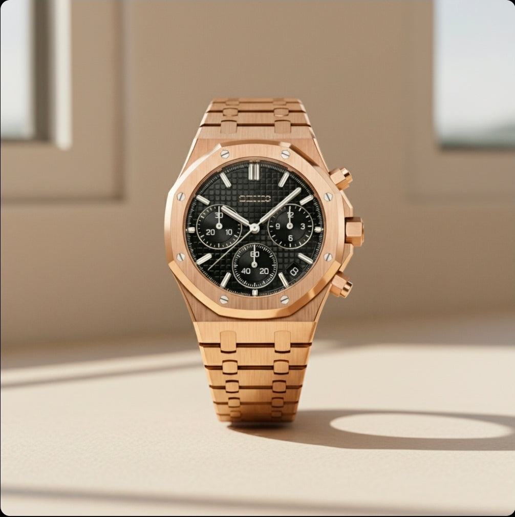 Heritage Oak Modded Seiko chronograph with black dial and stainless steel bracelet