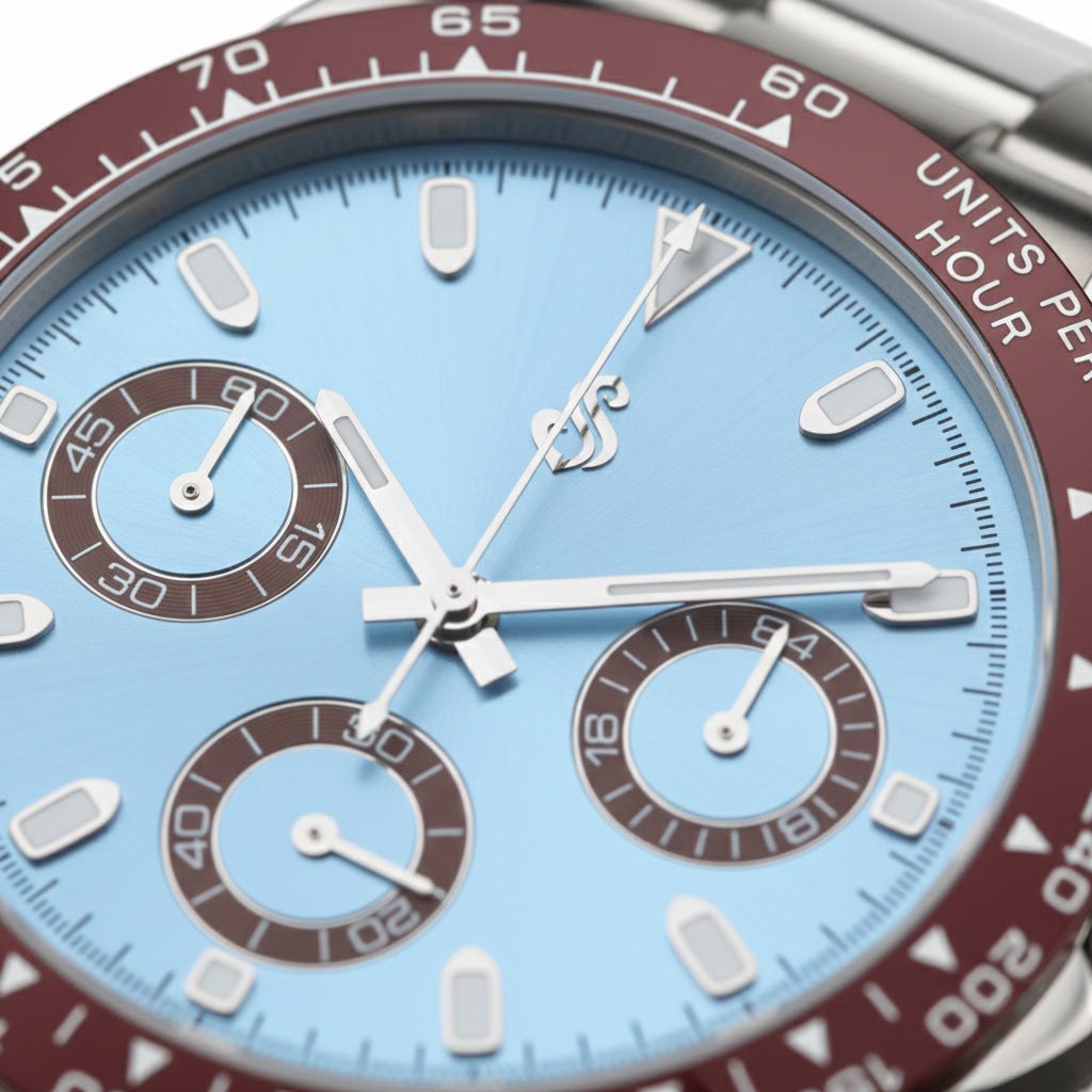 Seiko Mod Seitona luxury chronograph with light blue and brown bezel platinum design
