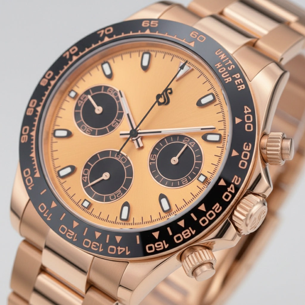 Seiko Mod Seitona rose gold chronograph with black dial and gold black ceramic bezel
