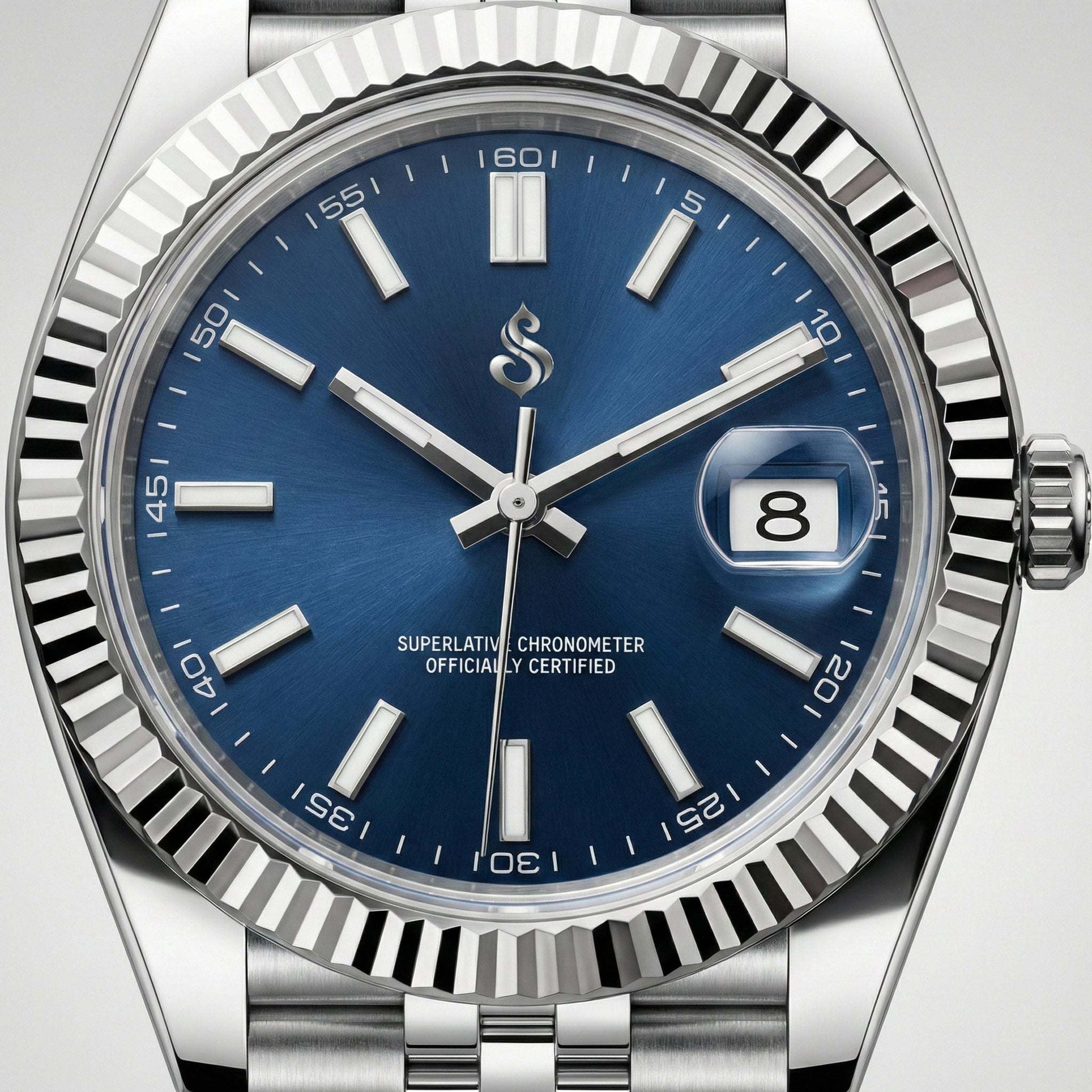 SeikJust date window watch with silver blue dial by Modtime Creations, featuring NH35 automatic movement and sapphire crystal, luxury Seiko mod design