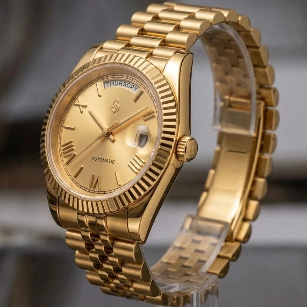 Gold Day & Date Roman Numerals Dial Mod Watch - Modtime Creations