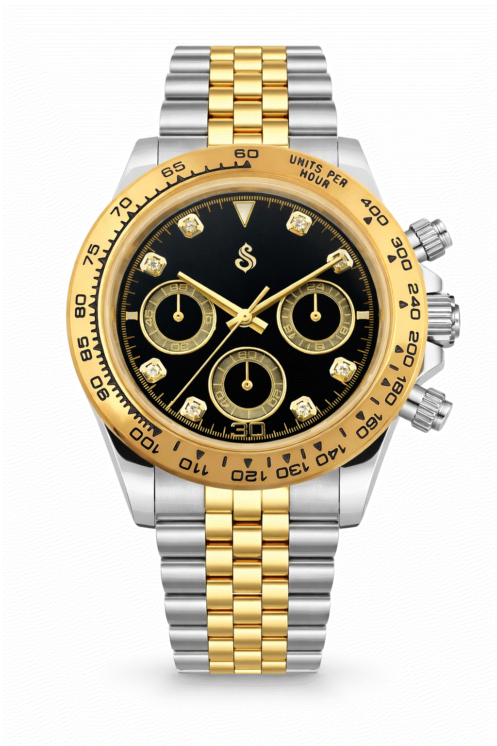 Seitona gold case Seiko mod with black gold gem dial and VK63 hybrid chronograph movement