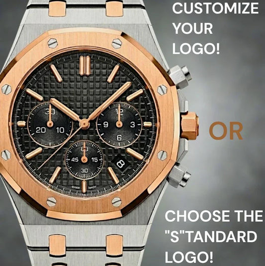 Heritage Oak Seiko Mod chronograph watch with two-tone black dial and stainless steel bracelet