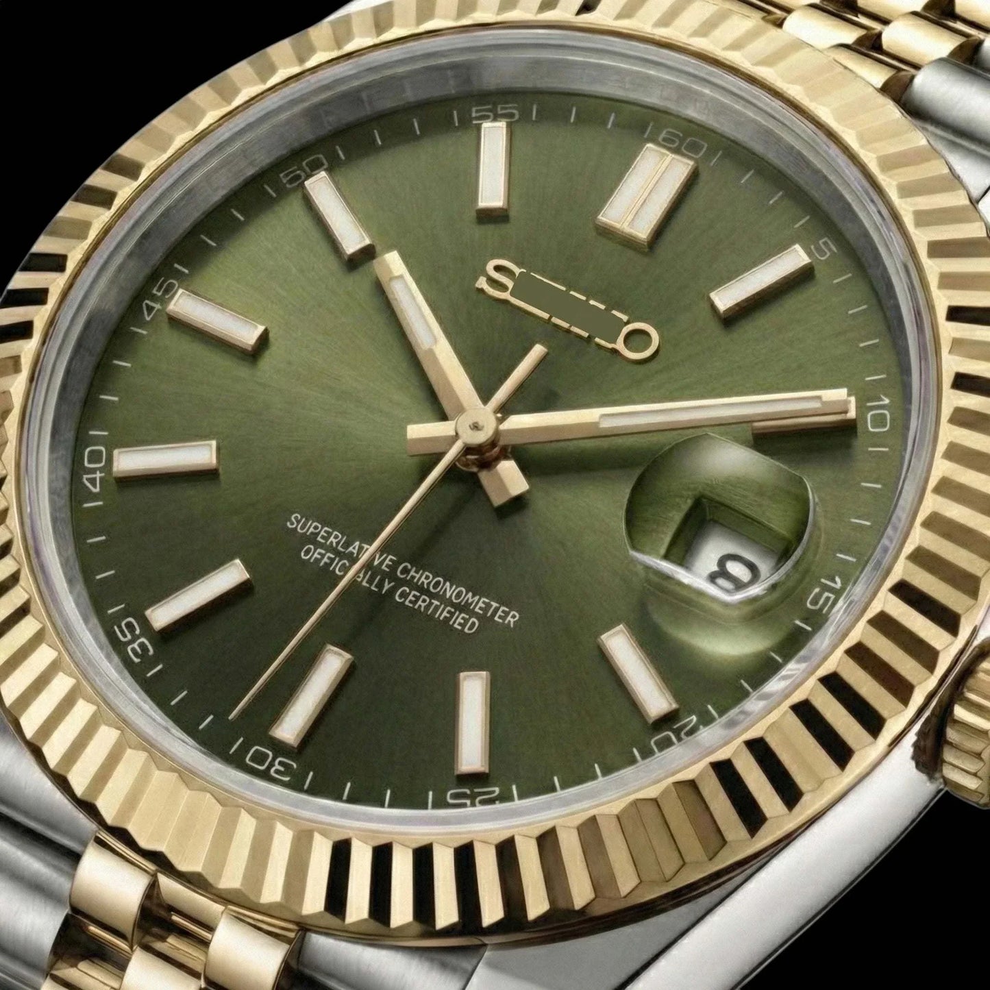 Seiko Mod olive green dial two-tone luxury watch with date window by Modtime Creations