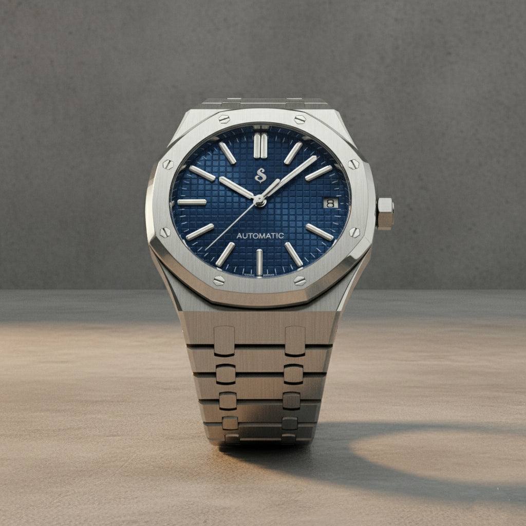 Seiko Modtime SeiOak luxury watch with blue dial and stainless steel case