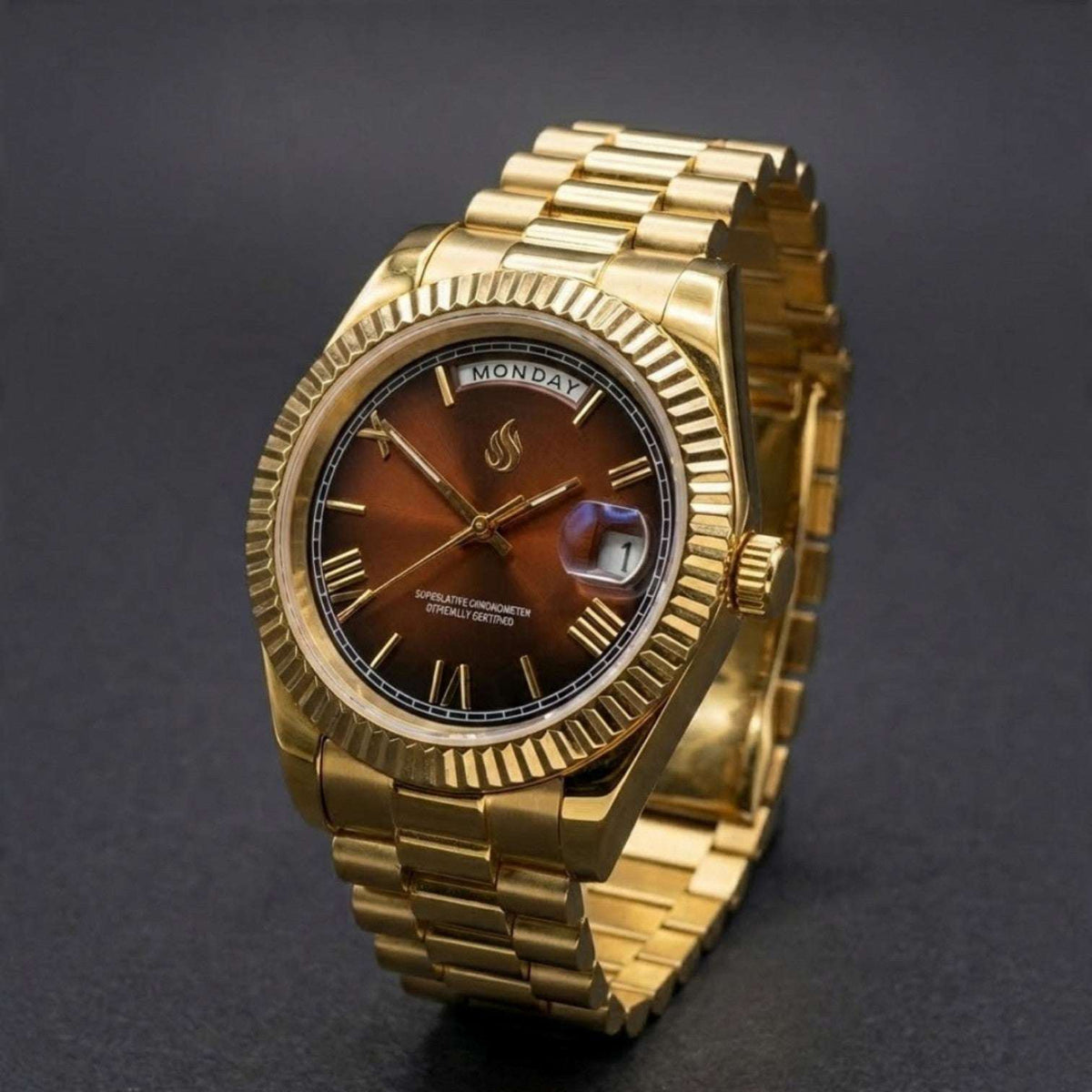 Reloj Modificado con Esfera de Números Romanos de Chocolate Dorado Día y Fecha - Modtime Creations