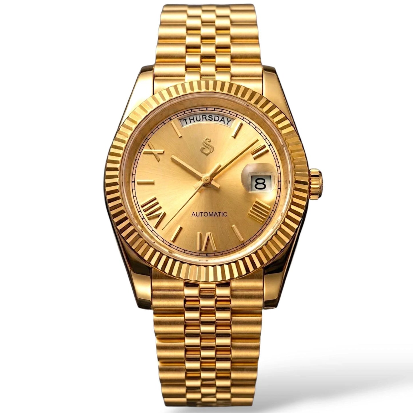 Seiko  Mod Daydate Homage watch with gold Roman numerals, day and date display, and sapphire crystal dial by Modtime Creations 