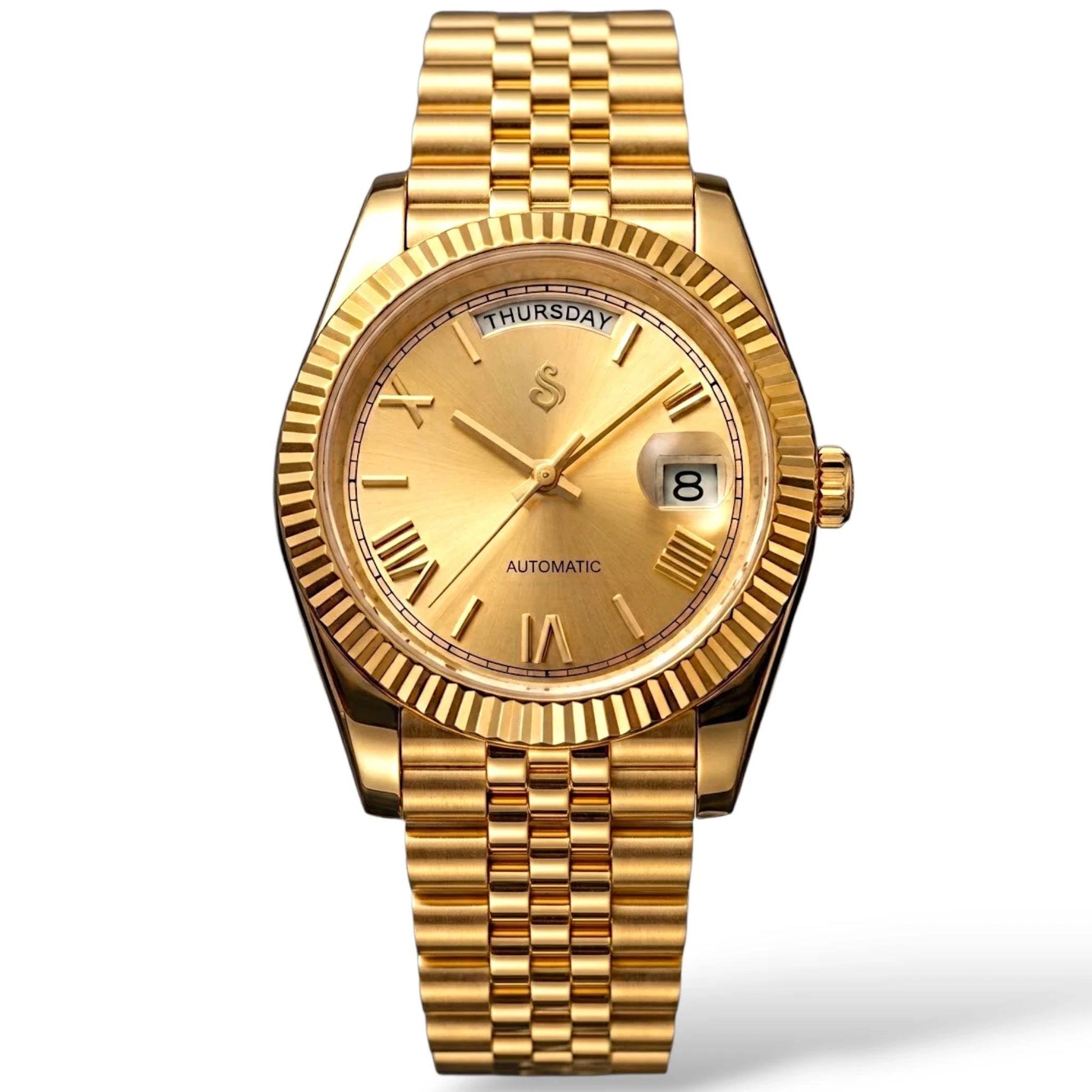 Seiko  Mod Daydate Homage watch with gold Roman numerals, day and date display, and sapphire crystal dial by Modtime Creations 