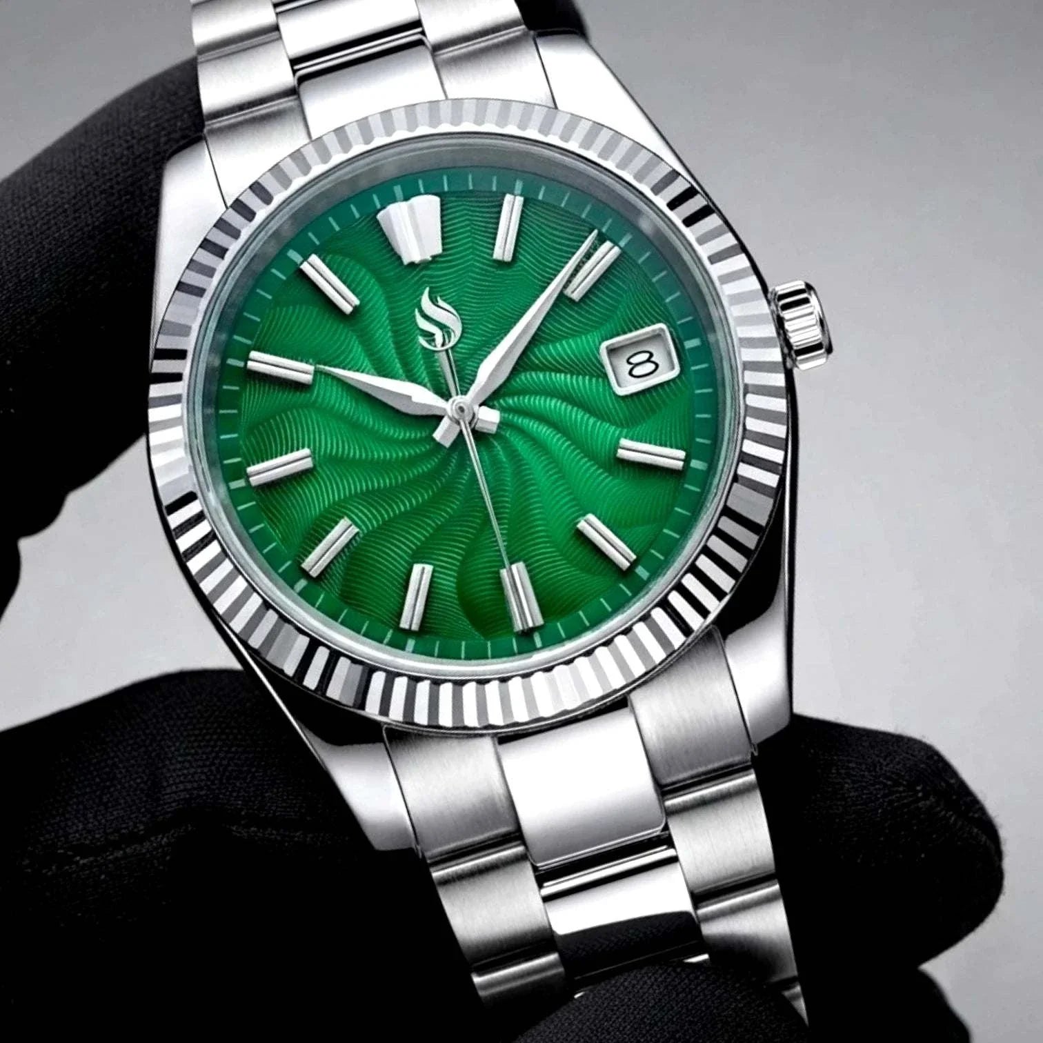 Seiko mod watches datejust green Guilloche dial with Stainless-Steel Bracelet by Modtime Creations 