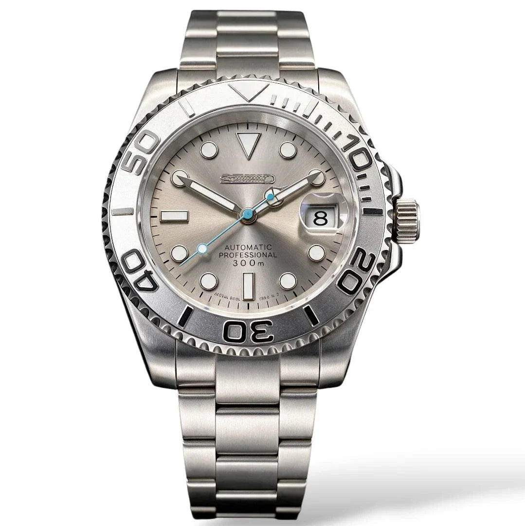 Modded Seiko Yachtmaster Rhodium luxury diver watch with sapphire crystal and stainless steel case