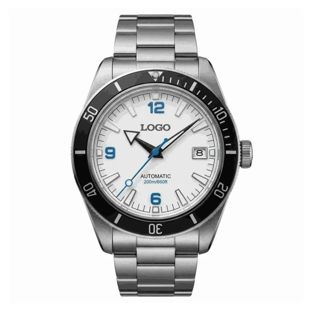 Seiko Mod Seamaster Tudor Fusion watch with a white dial and blue numbers by Modtime Creations 