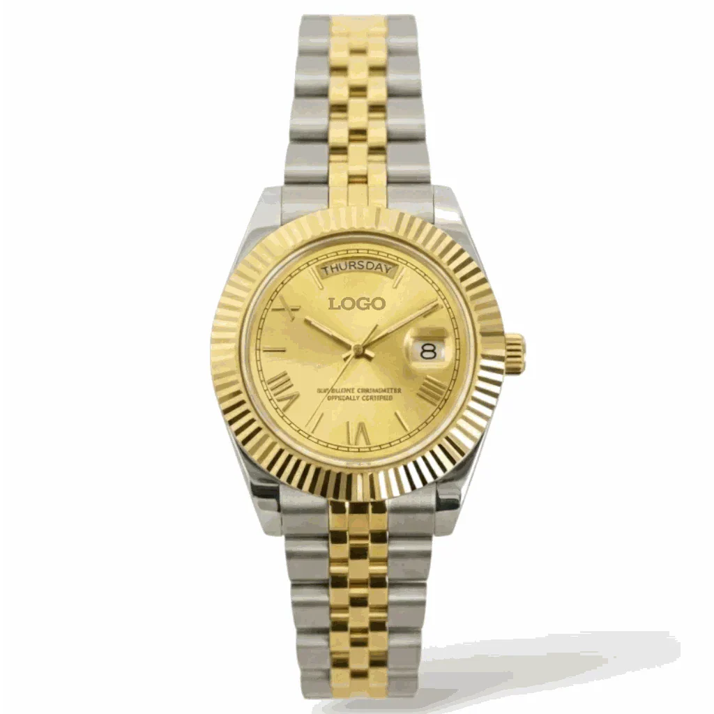 Seiko mod luxury watch with day and date gold Roman numerals dial, two-tone case and bracelet