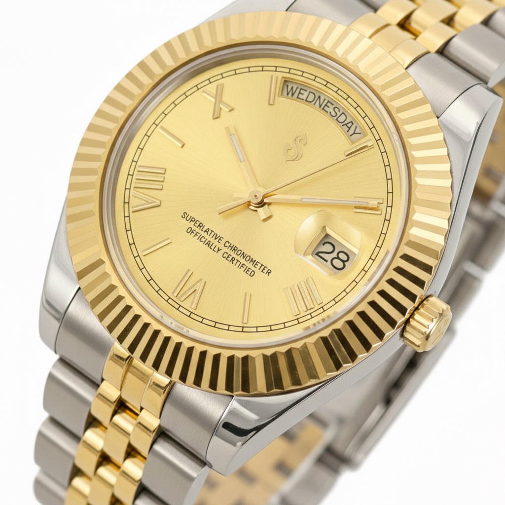 Seiko mod luxury watch with gold Roman numeral dial and two-tone stainless steel case by Modtime Creations