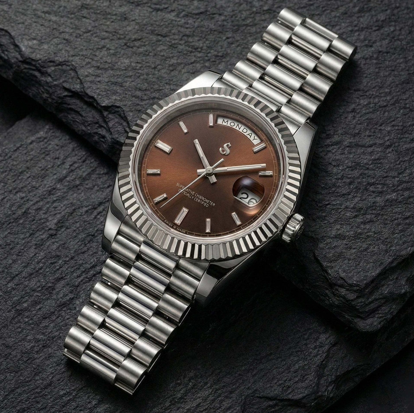 Modded Seiko luxury Day & Date watch with chocolate dial and silver stainless steel case by Modtime Creations