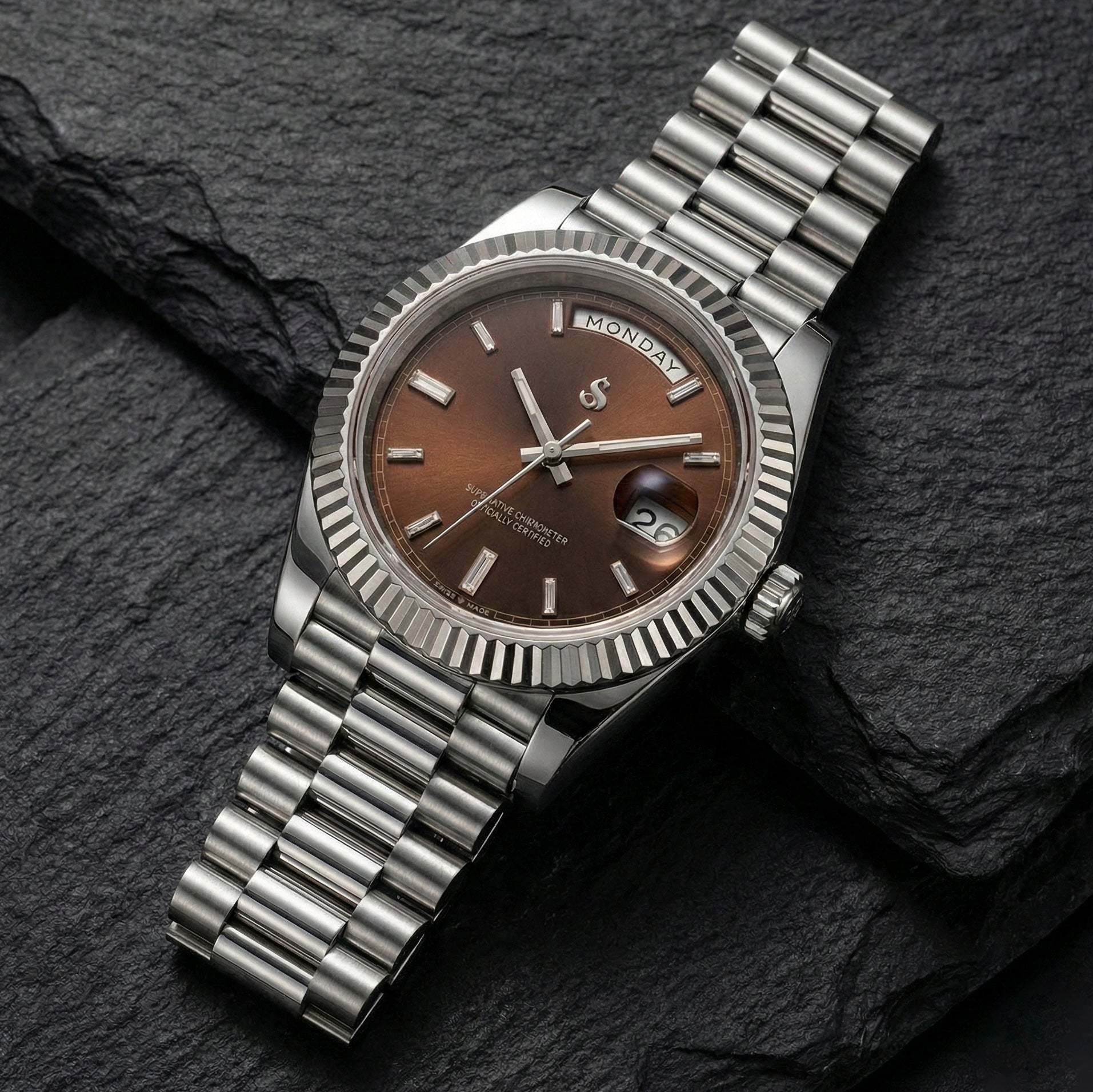 Modded Seiko luxury Day & Date watch with chocolate dial and silver stainless steel case by Modtime Creations