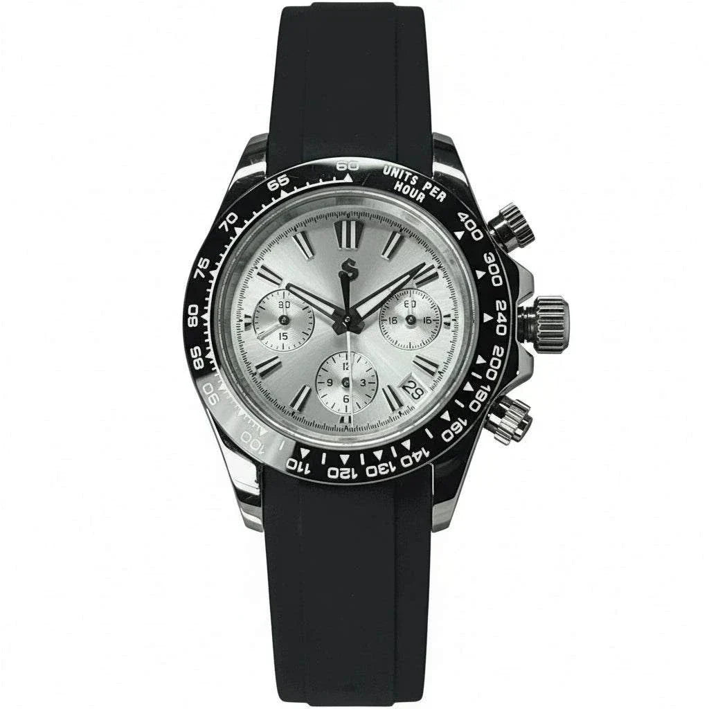 Grand Seitona Seiko mod watch with black and white panda dial and stainless steel bracelet