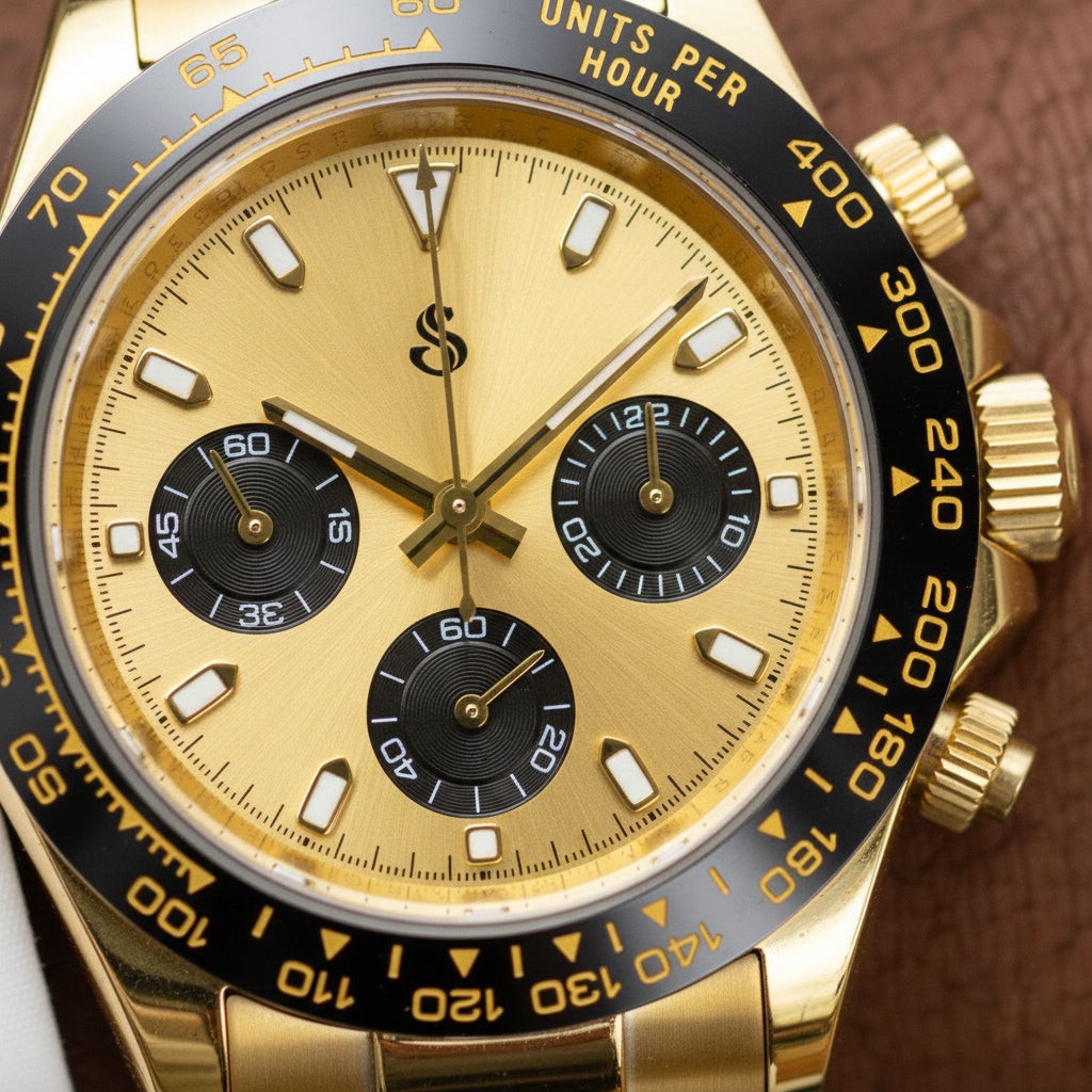Seiko Mod luxury chronograph watch with Seitona gold case and black gold dial by Modtime