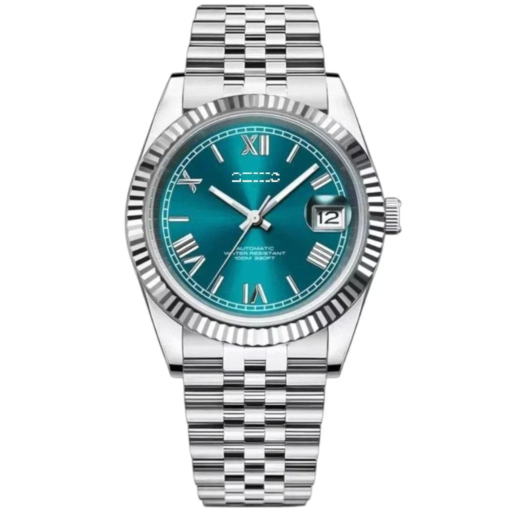 Seiko Modtime SeikJust watch with blue Roman numeral dial and date window, sapphire crystal and stainless steel case