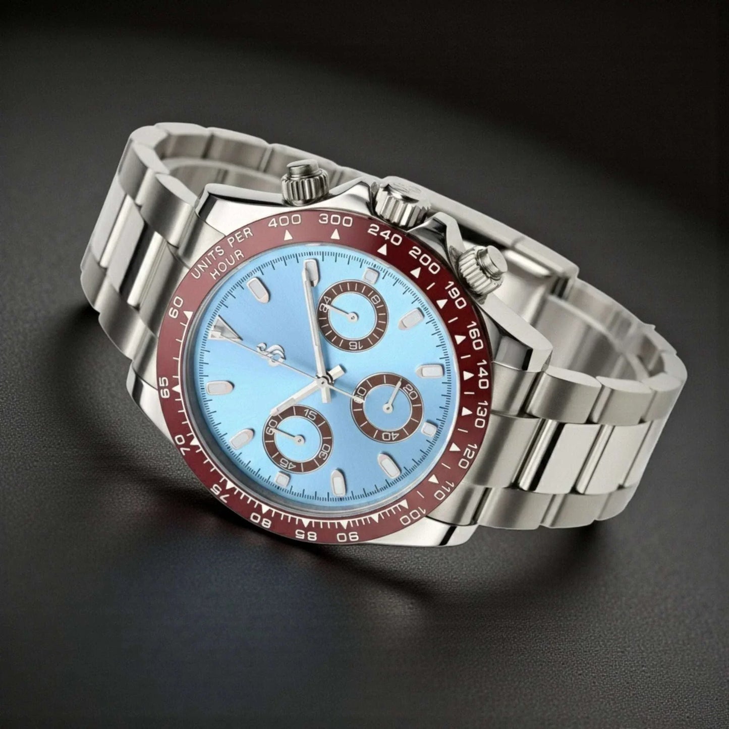 Seitona light blue dial Seiko mod with brown ceramic bezel and platinum stainless steel bracelet luxury chronograph
