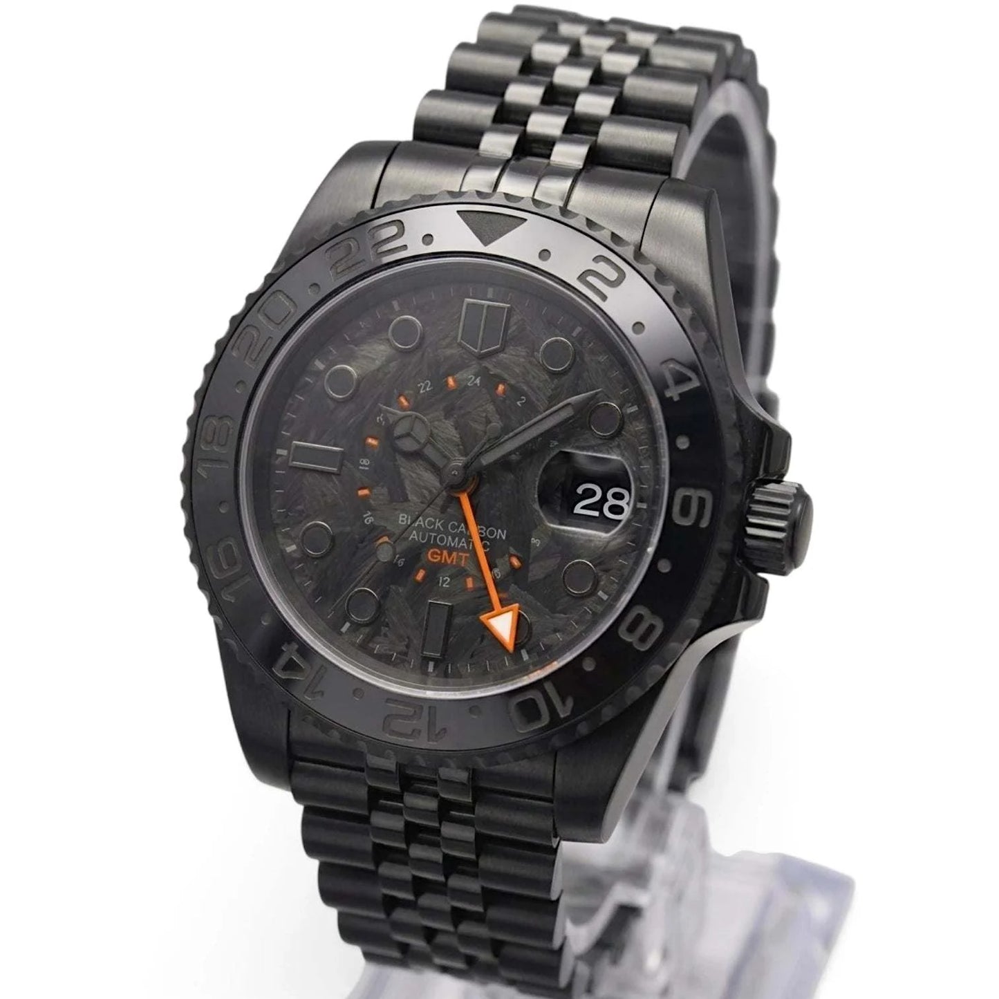 Seiko Mod Submariner GMT Carbon Fiber Stealth Black Orange watch built by Modtime Creations 