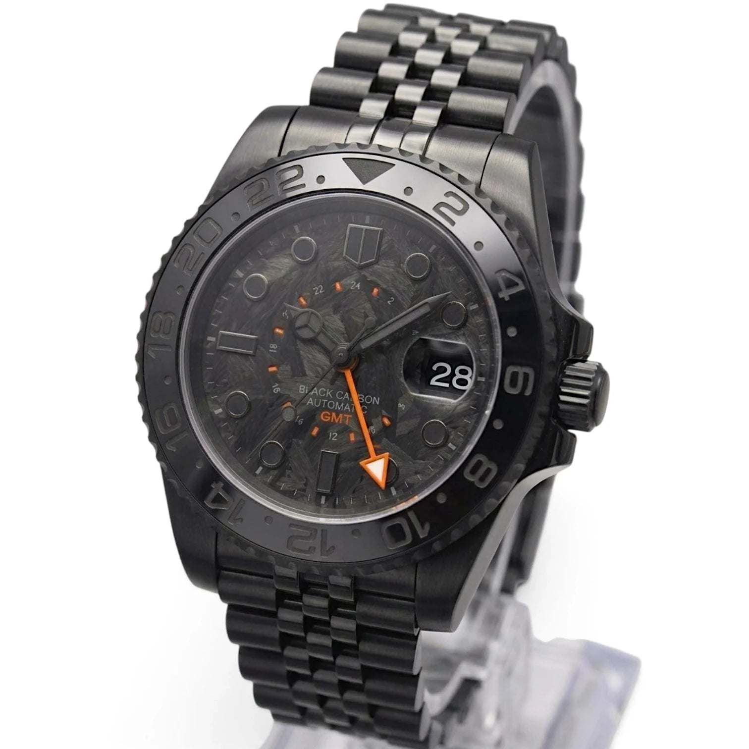 Seiko Mod Submariner GMT Carbon Fiber Stealth Black Orange watch built by Modtime Creations 