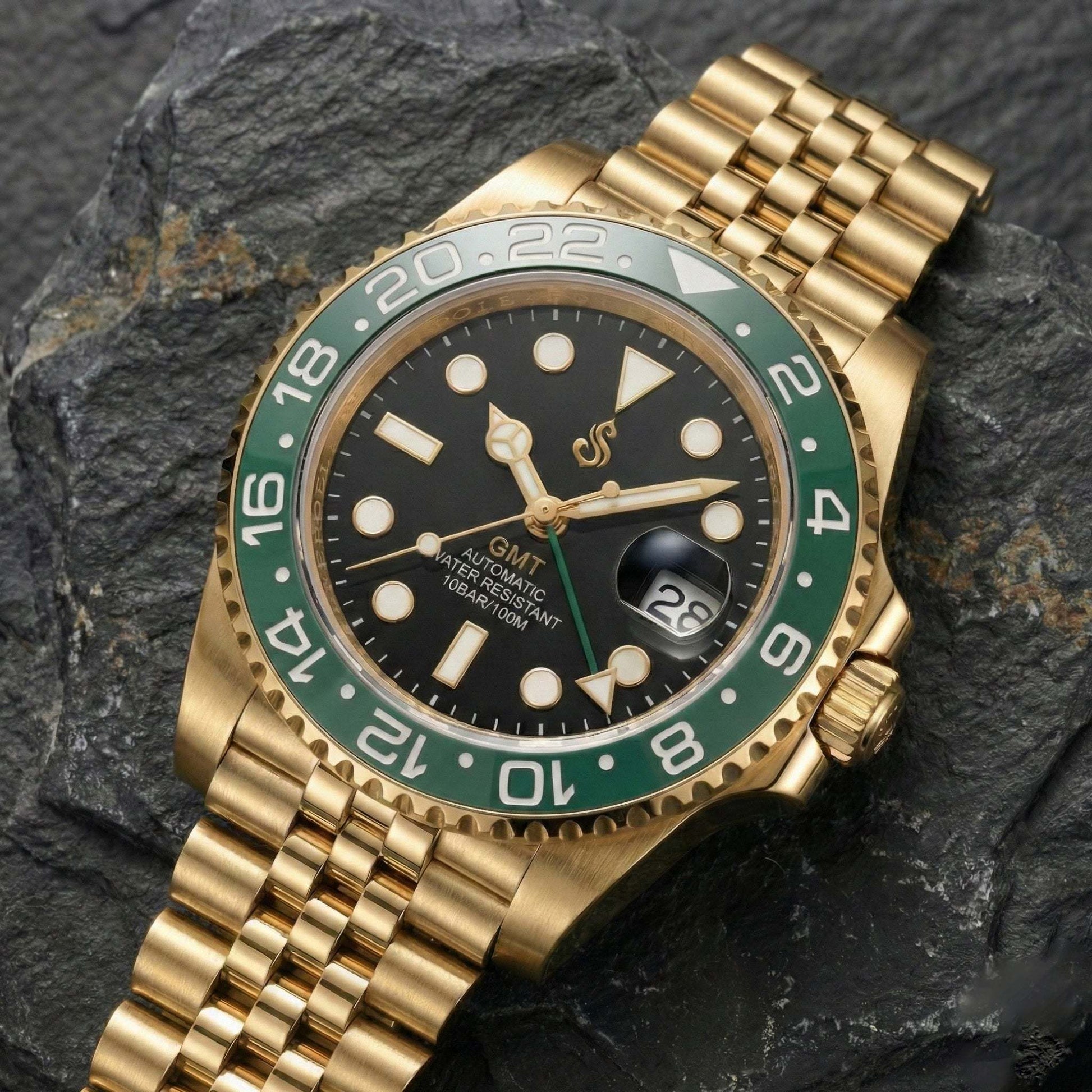 SeikMariner GMT gold Starbucks mod watch with black dial and ceramic bezel, Seiko Mod luxury timepiece