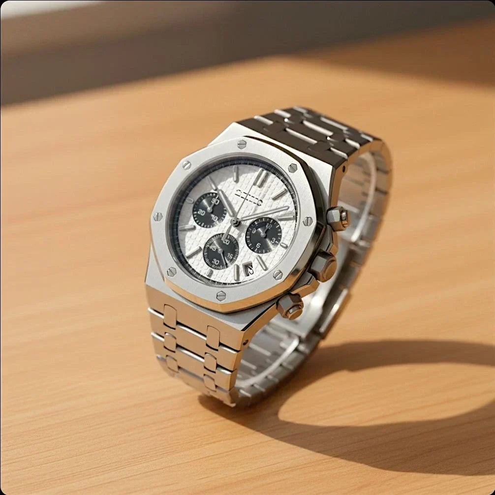 Heritage Oak Modded Seiko chronograph with black and white panda dial, sapphire crystal, and stainless steel bracelet