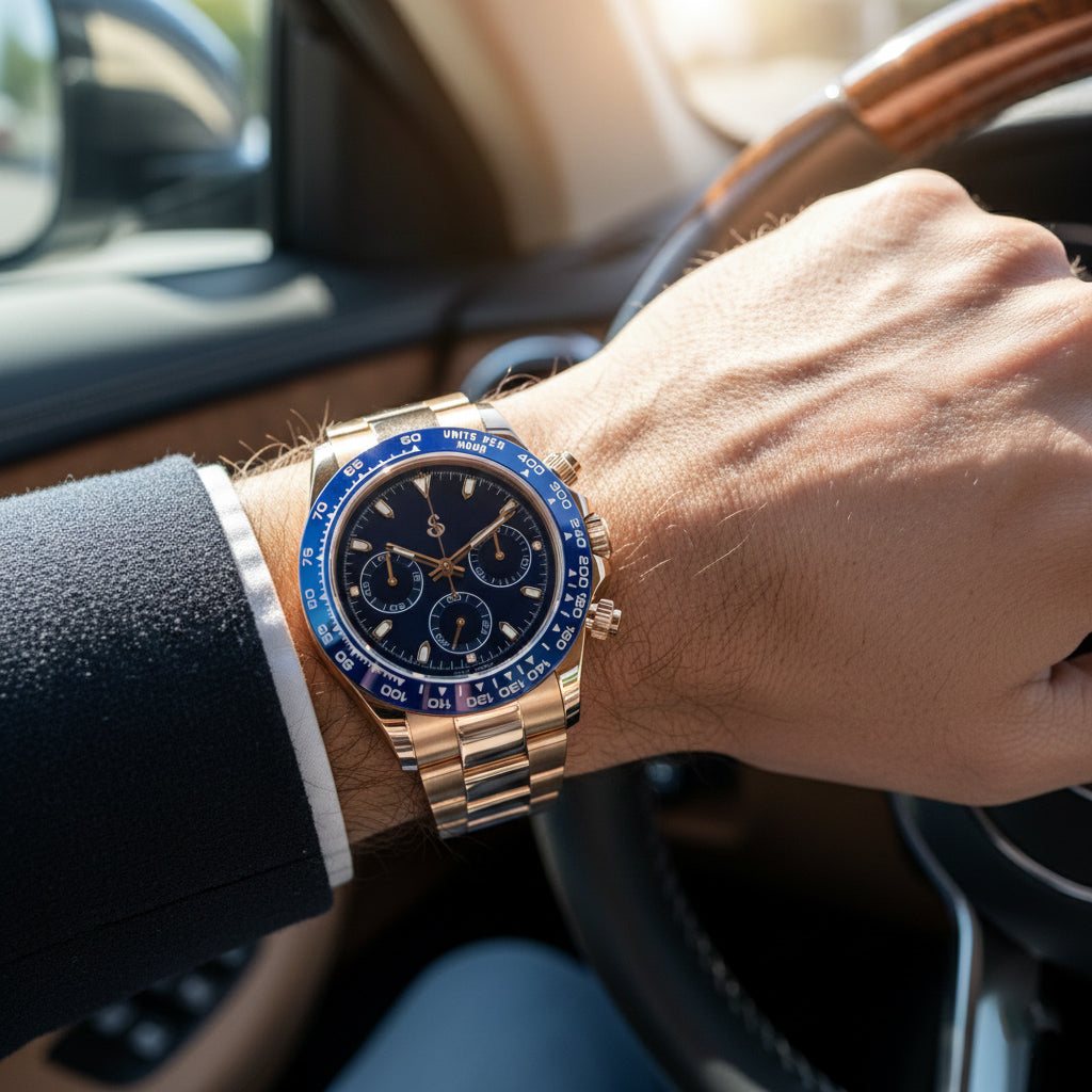 Seitona rose gold Seiko mod with dark blue dial and ceramic bezel luxury chronograph