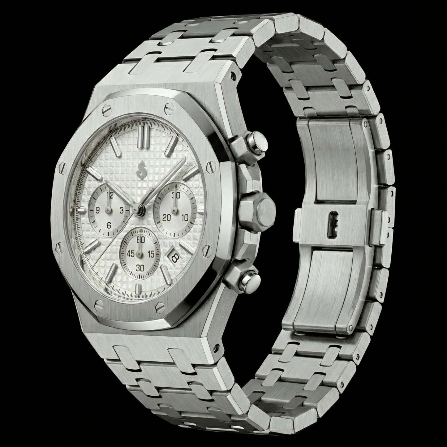 Heritage Oak Modded Seiko chronograph watch with white dial and stainless steel bracelet