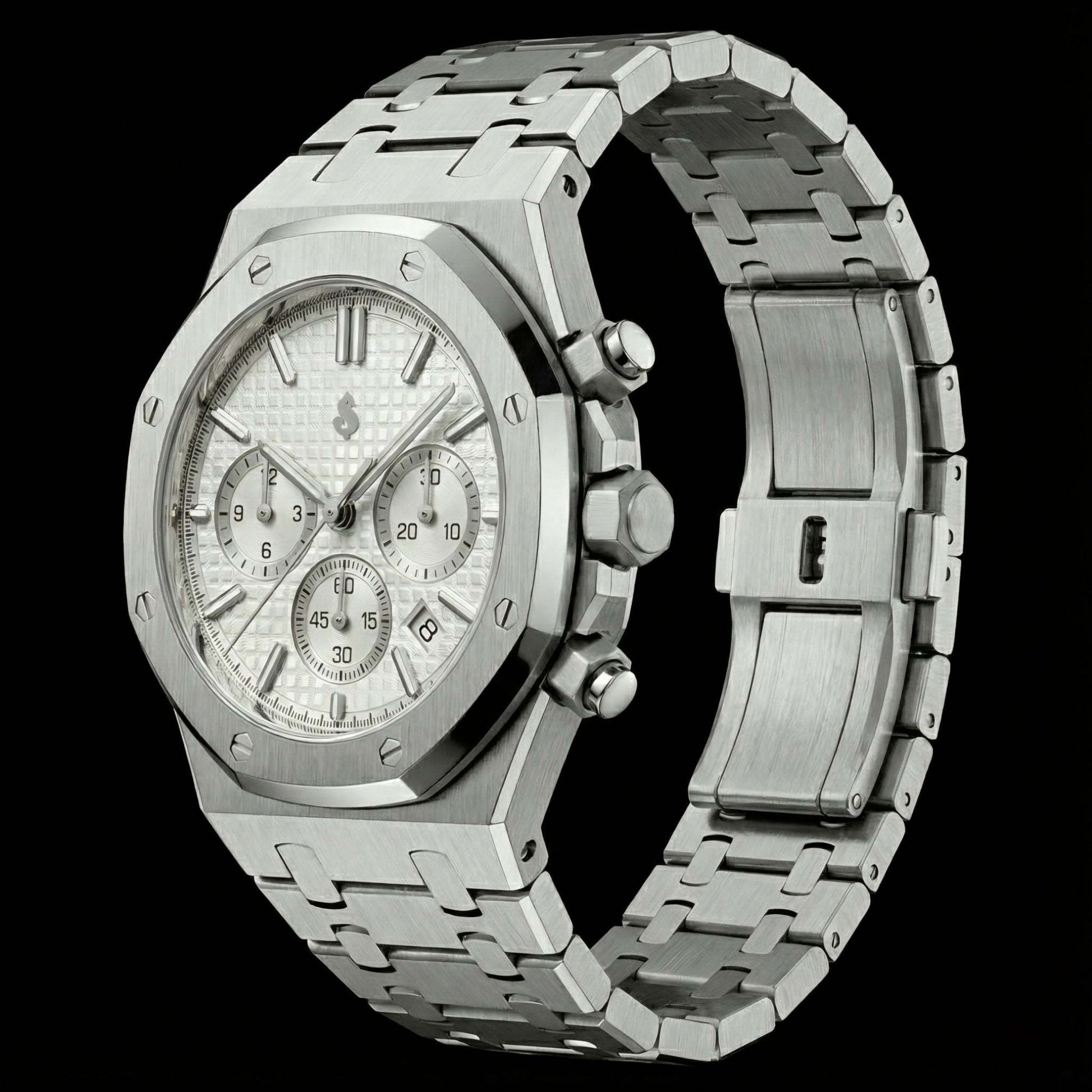 Heritage Oak Modded Seiko chronograph watch with white dial and stainless steel bracelet