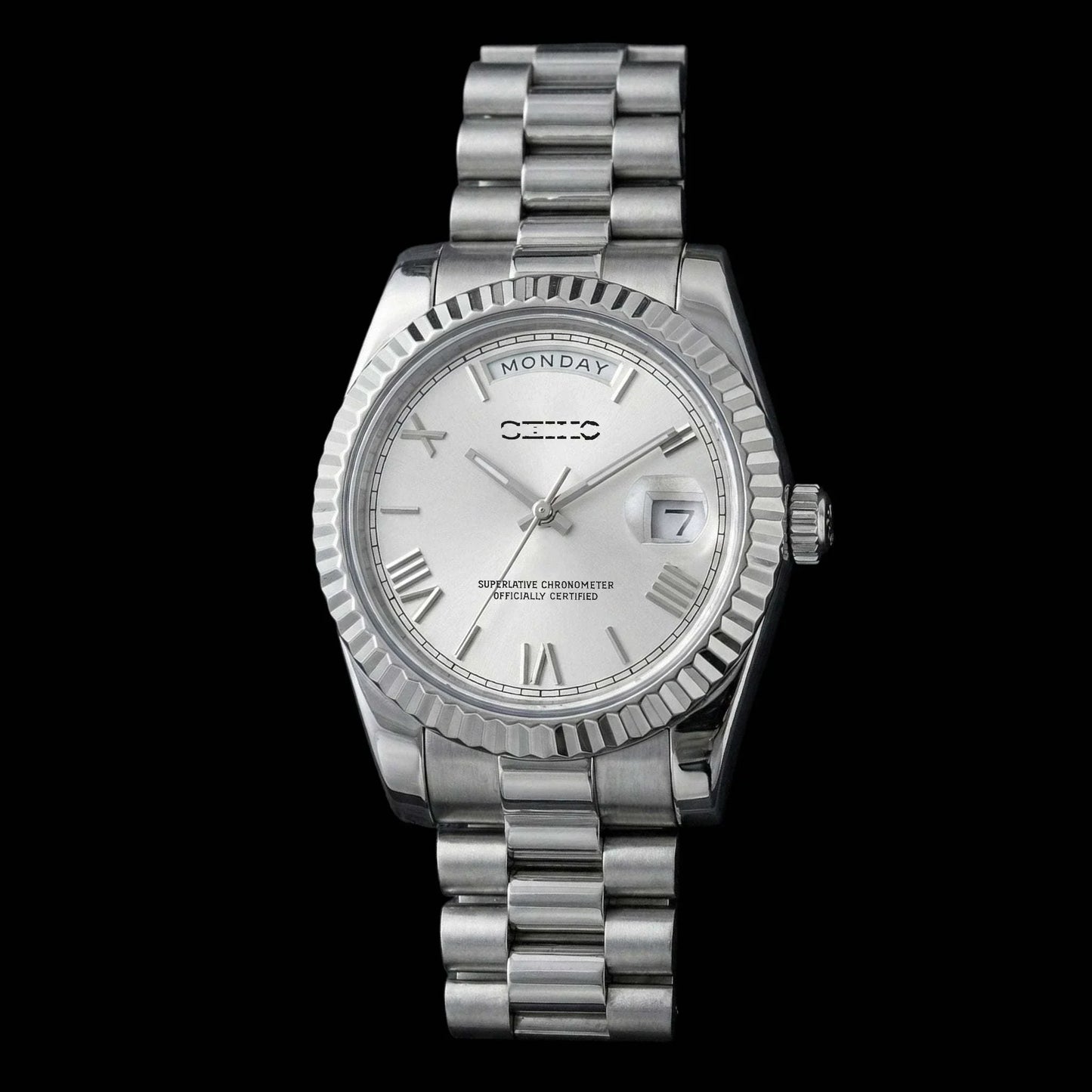 Modtime Creations silver white dial modded Seiko watch with day and date display