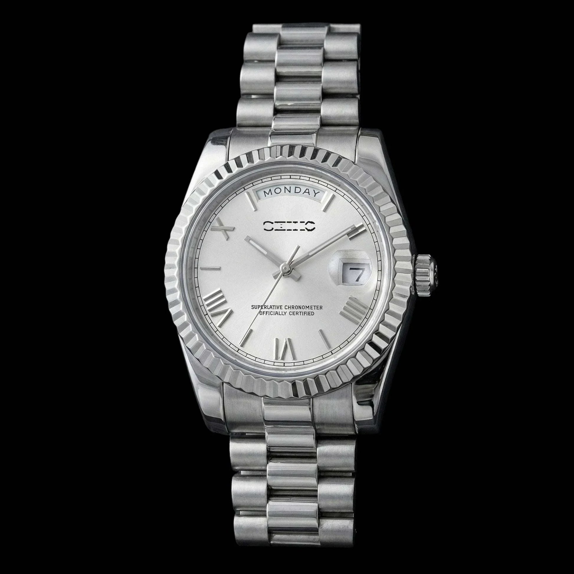 Modtime Creations silver white dial modded Seiko watch with day and date display