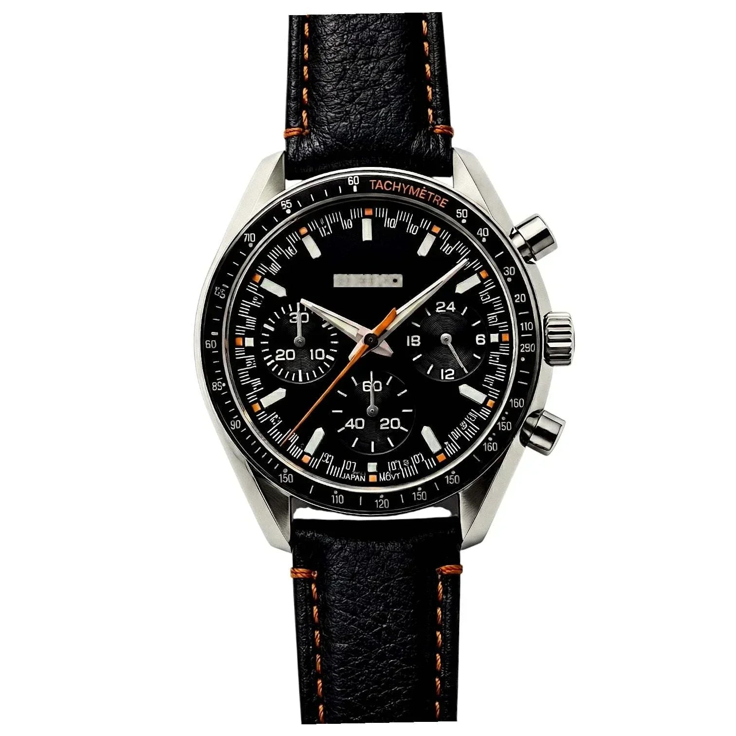 SeikSpeed Chronograph Black Orange Mod with VK63 hybrid movement and stainless steel case by Modtime Creations