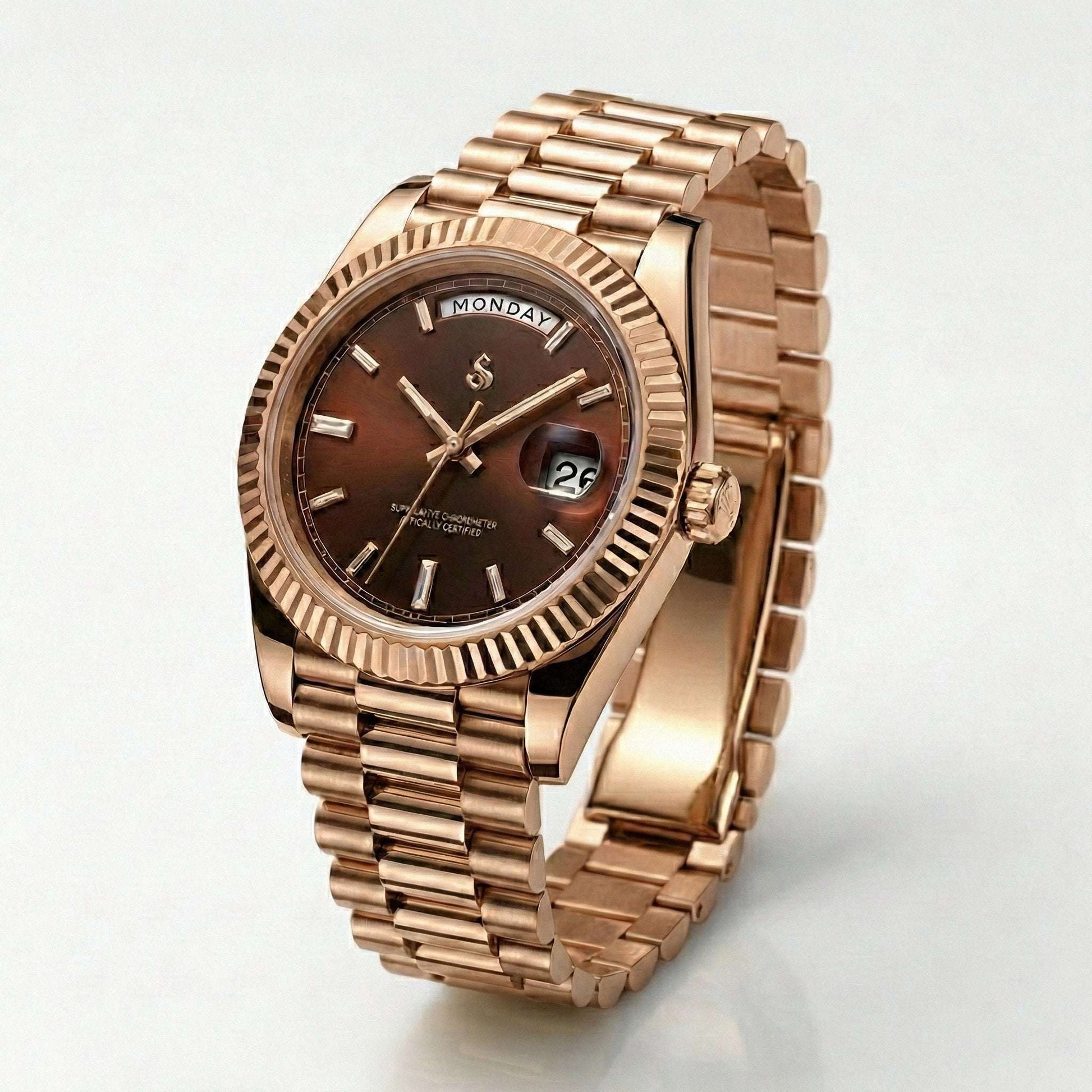 Modded Seiko watch with rose gold case and chocolate dial, day and date display by Modtime Creations