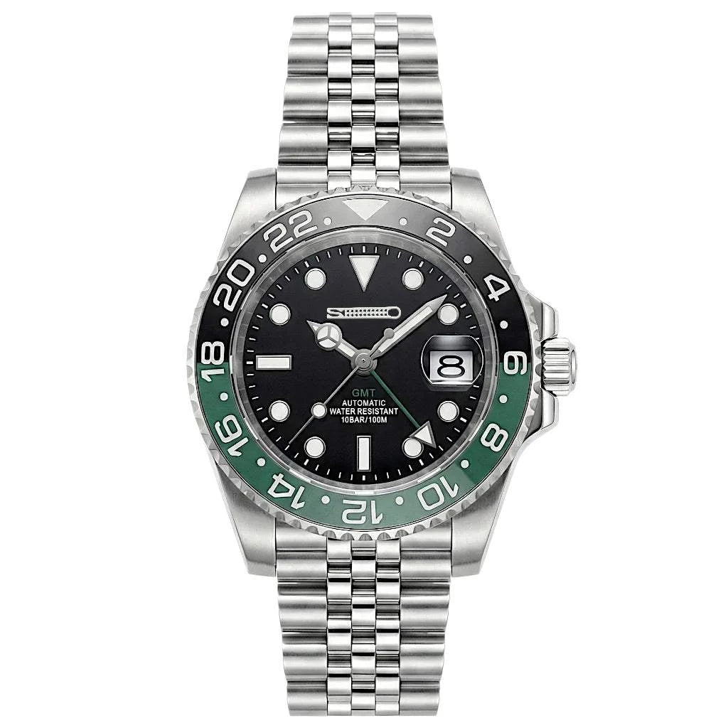 SeikMariner GMT Seiko Mod luxury watch with green ceramic bezel and black dial