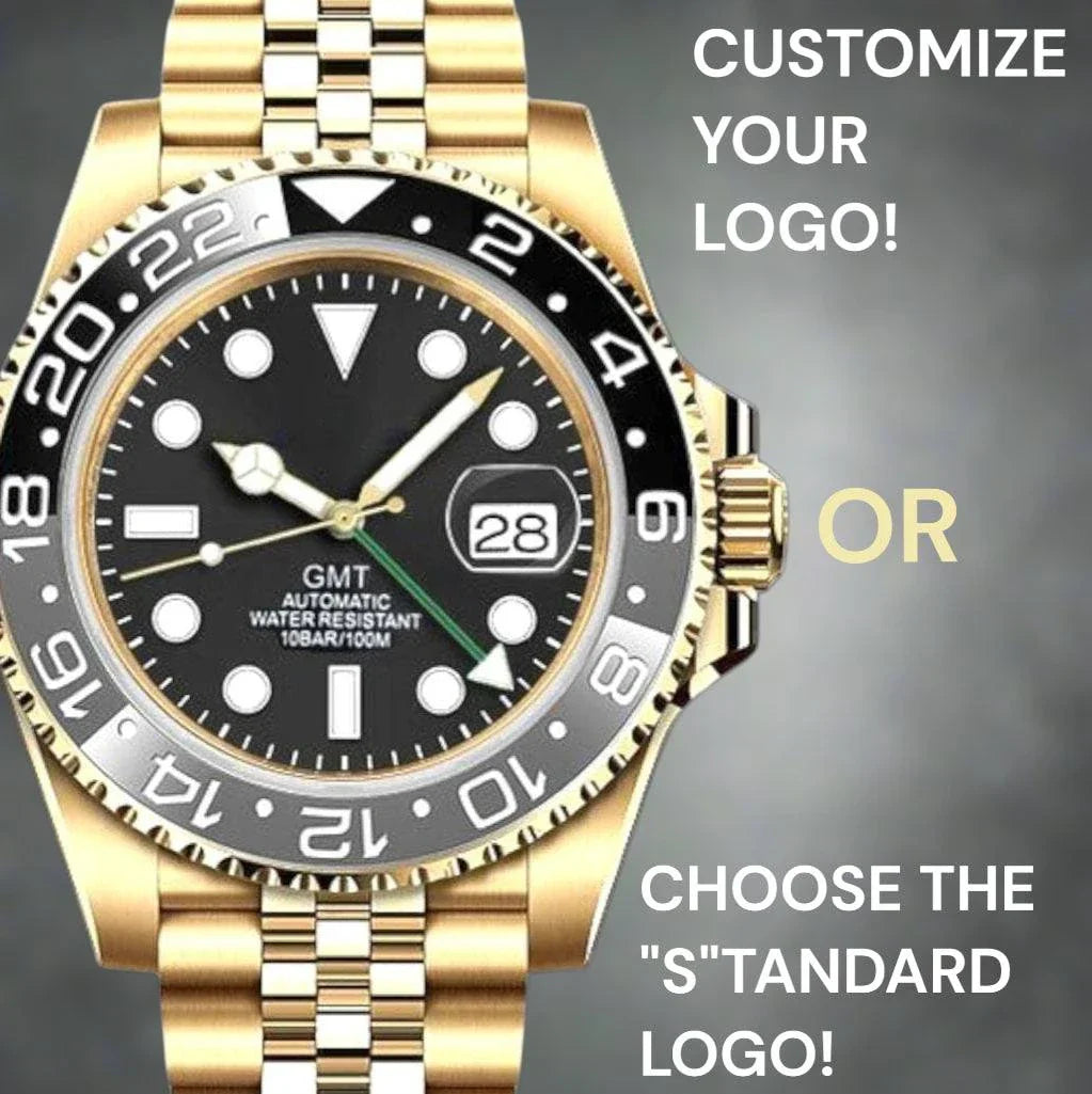 SeikMariner GMT gold and black Seiko Mod watch with ceramic bezel and stainless steel bracelet
