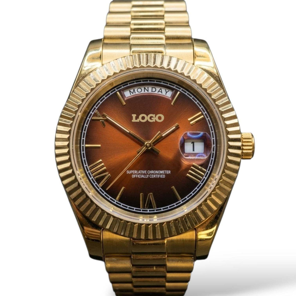 Reloj Modificado con Esfera de Números Romanos de Chocolate Dorado Día y Fecha - Modtime Creations