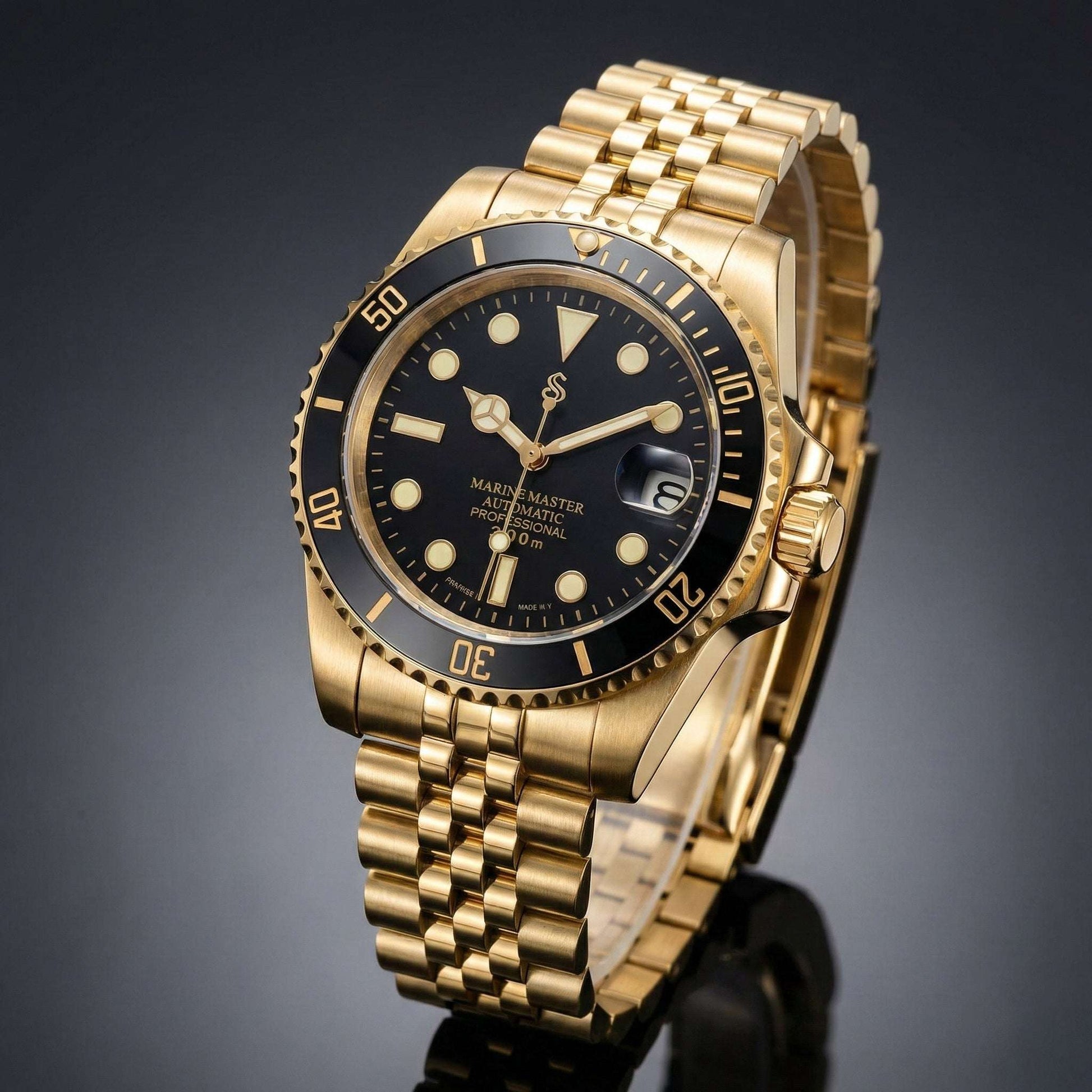 SeikMariner Black Gold diver watch with 40mm black gold case, Japanese NH35 automatic movement, sapphire crystal, and stainless steel bracelet from Modtime Creations Seiko Mod luxury series