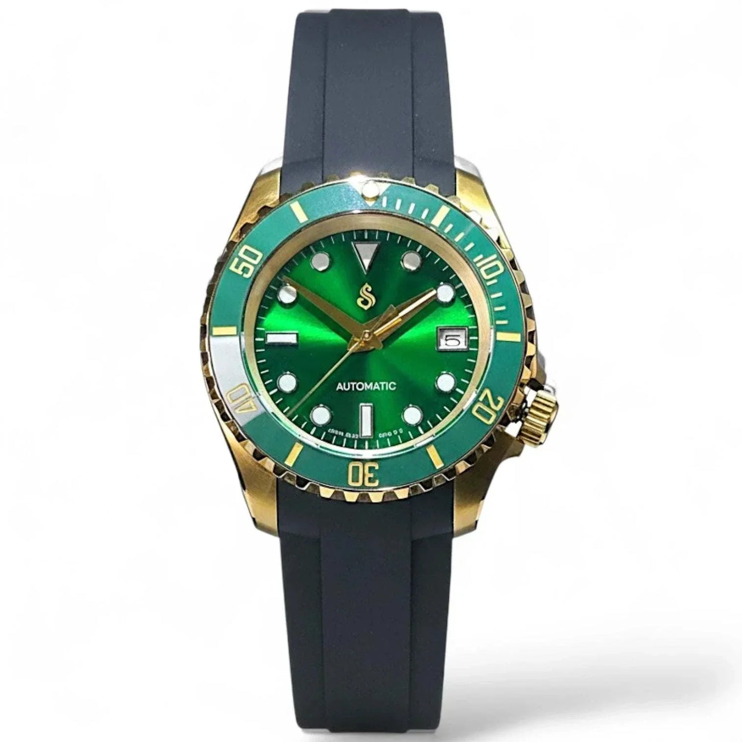 Seiko Mod Submariner Green Gold luxury diver watch with NH35 automatic movement and sapphire crystal
