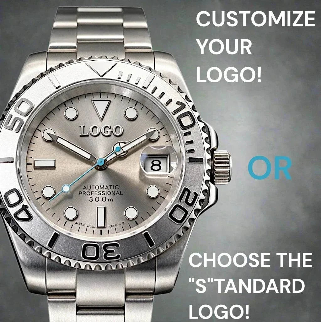 Modded Seiko Yachtmaster Rhodium luxury diver watch with sapphire crystal and stainless steel case