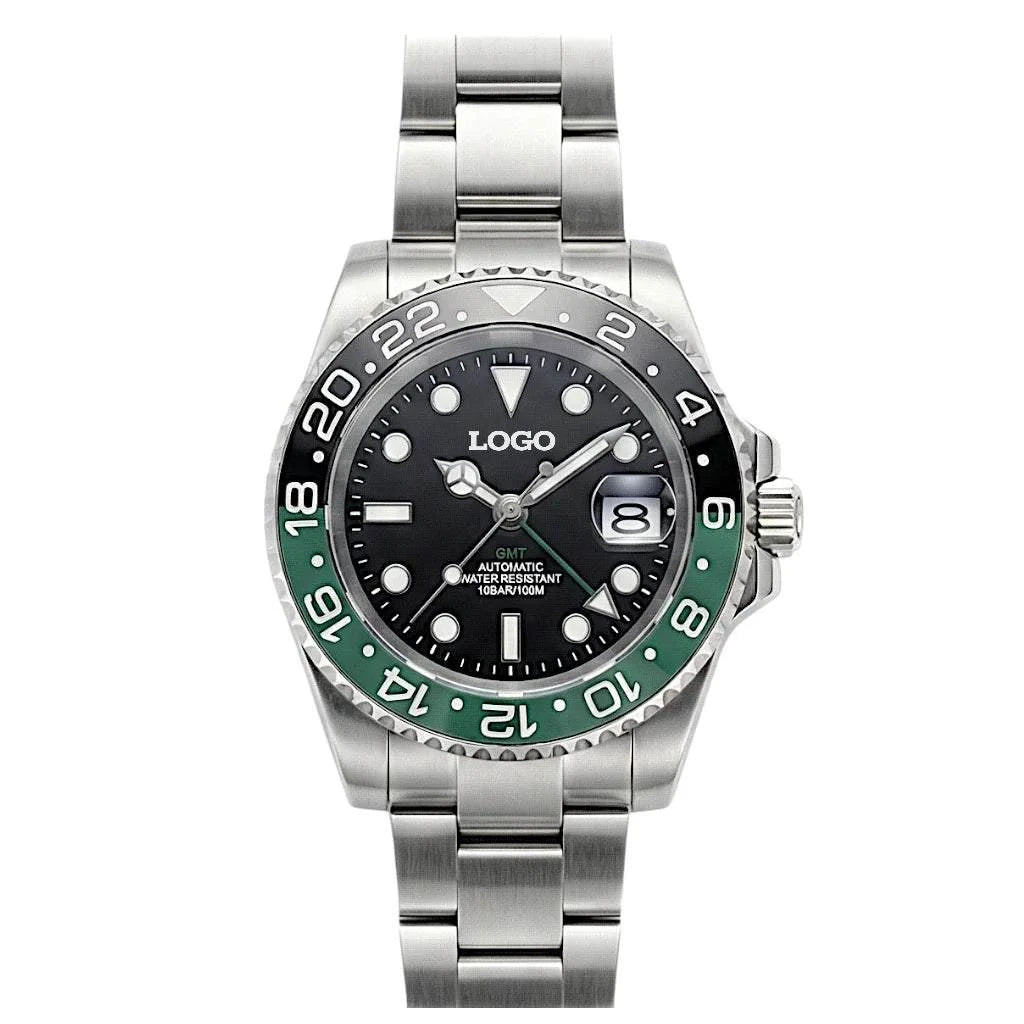 SeikMariner GMT Seiko Mod watch with green ceramic bezel and black dial on stainless steel bracelet
