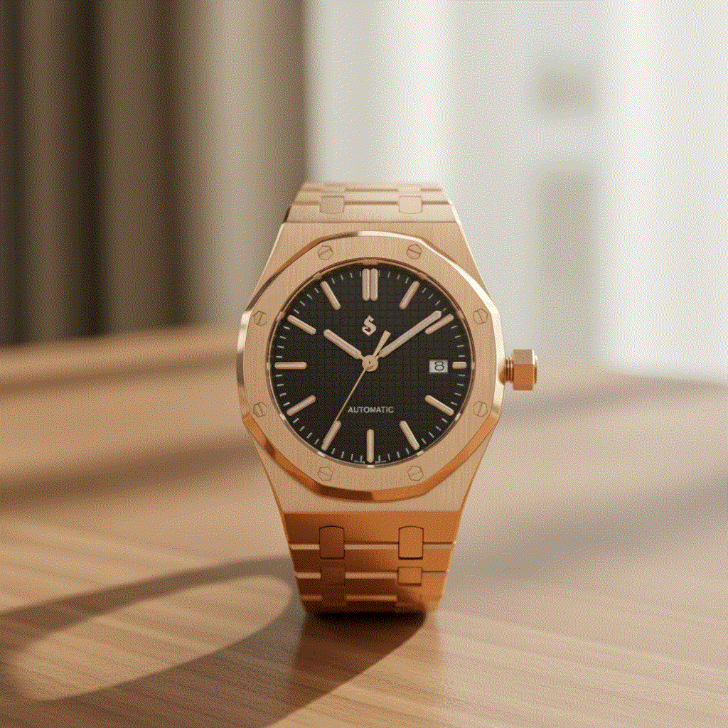 Heritage Oak rose gold Seiko mod watch with black dial and sapphire crystal