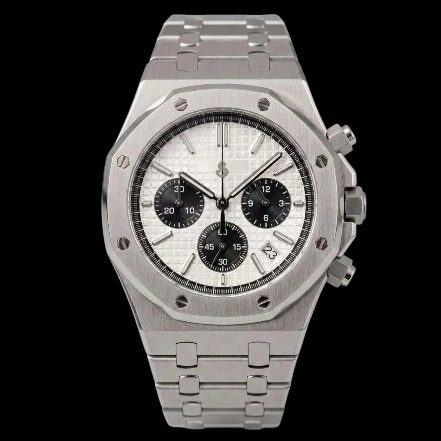 Modded Seiko Heritage Oak chronograph watch with black and white panda dial and stainless steel bracelet