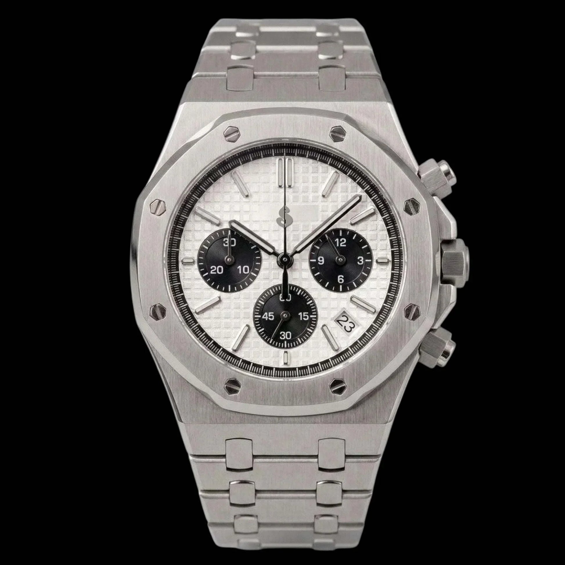 Modded Seiko Heritage Oak chronograph watch with black and white panda dial and stainless steel bracelet