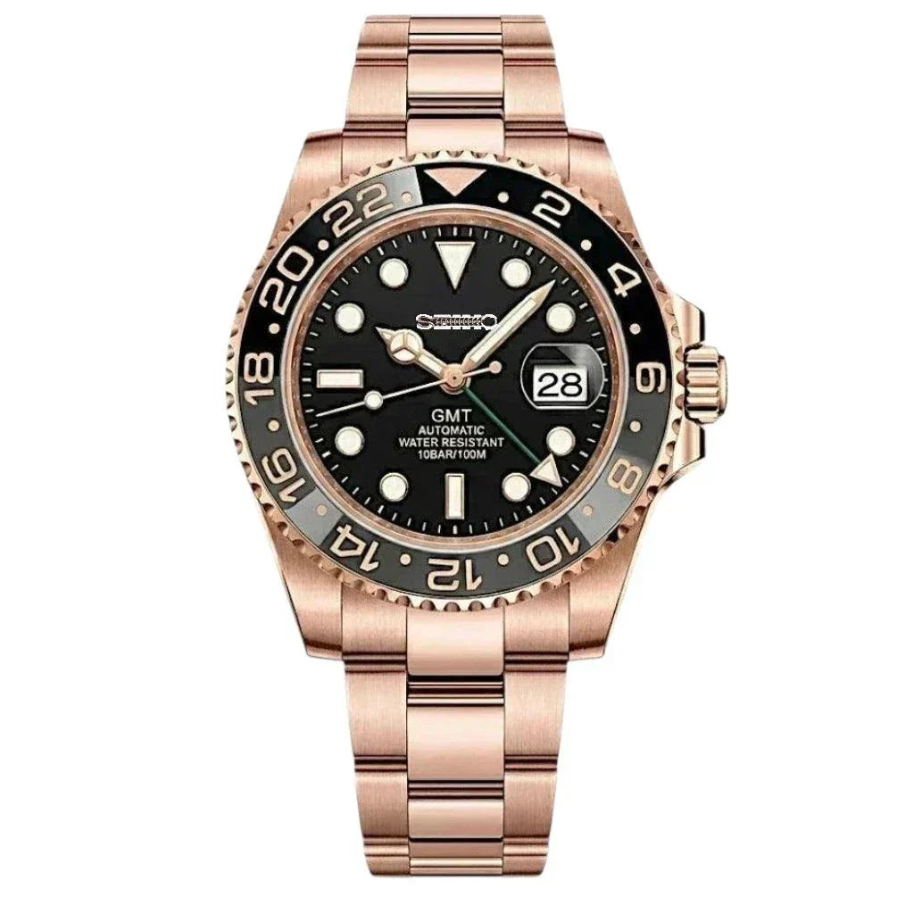 Seiko Mod GMT Bruce Wayne rose gold watch with grey black dial and ceramic bezel by Modtime