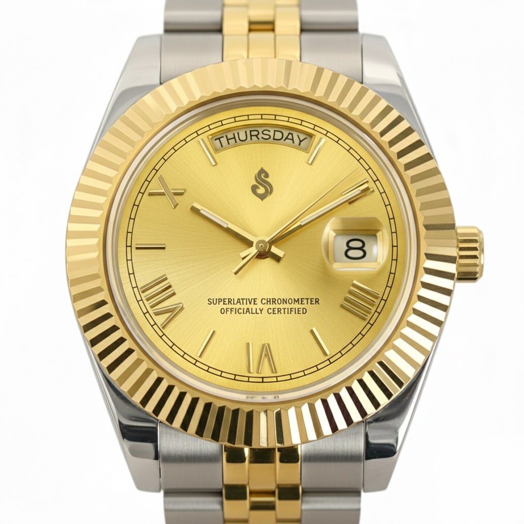 Day and Date gold Roman numerals dial Seiko Mod watch by Modtime Creations with two-tone stainless steel case and Miyota 8285 automatic movement